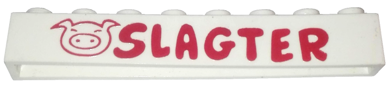 Lego Brick 1 x 8 without Bottom Tubes with Cross Side Supports with Red 'SLAGTER' Rounded and Pig Head Large Pattern
