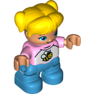 Lego Duplo Figure Child with Ponytails and Bangs Yellow, with Dark Azure Legs, White and Pink Top with Bee Print / Bright Pink