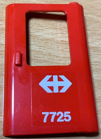Lego Door 1 x 4 x 5 Train Right, Thin Support at Bottom with White Double Arrow (Swiss Federal Railways) and '7725' Pattern (Sticker) - Set 7725