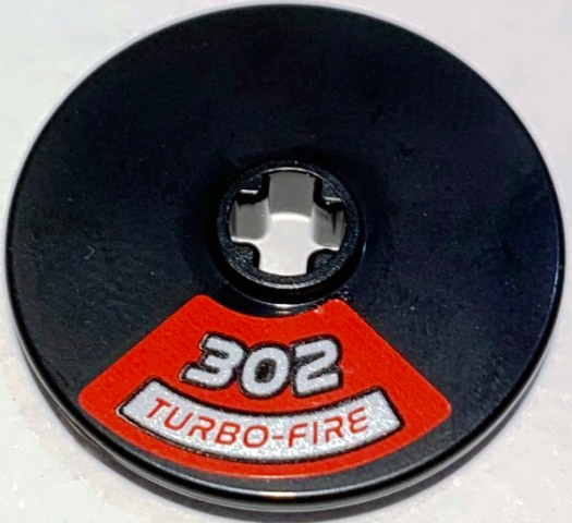 Lego Technic, Disk 3 x 3 with Silver '302' and 'TURBO-FIRE' on Red Background Pattern (Sticker) – Set 10304