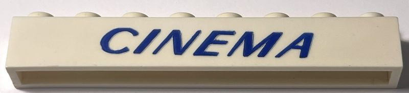 Lego Brick 1 x 8 without Bottom Tubes with Cross Side Supports with Blue 'CINEMA' Italic Thin Pattern