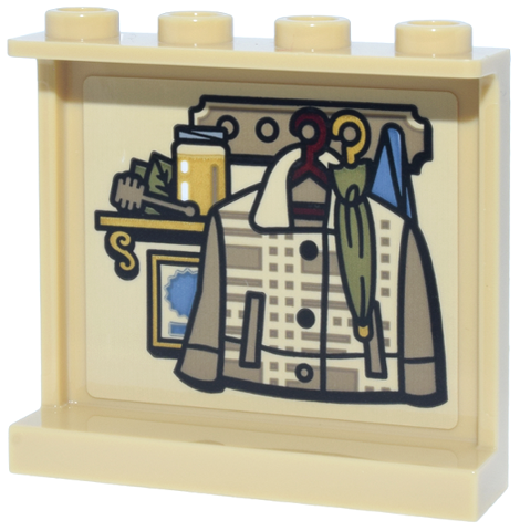 Lego Panel 1 x 4 x 3 with Side Supports - Hollow Studs with Dark Tan Coat Rack, Plaid Jacket, Olive Green Umbrella, Gold Shelf with Jar and Honey Dipper Pattern (Sticker) - Set 10351 / Tan