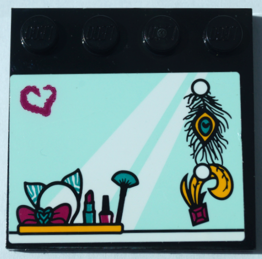 Lego Tile, Modified 4 x 4 with Studs on Edge with Light Aqua Mirror, Magenta Heart, Peacock Feathers and Makeup on Shelf Pattern (Sticker) - Set 41368