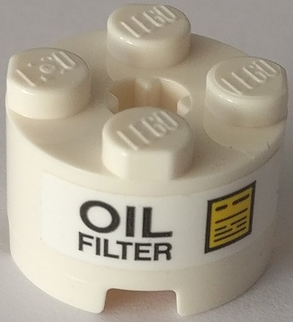 Lego Brick, Round 2 x 2 with Axle Hole with 'OIL FILTER' and Yellow Sign Pattern (Sticker) - Set 42082