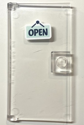 Lego Door 1 x 4 x 6 with Stud Handle with 'OPEN' on Light Aqua Hanging Sign Pattern (Sticker) - Set 41704 / Trans-Clear