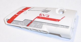 Lego Technic, Panel Fairing # 4 Small Smooth Long, Side B with Red 'EV3' and Light Bluish Gray and Red Stripes Pattern (Sticker) - Set 31313 / White