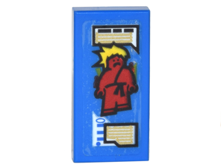 Lego Tile 1 x 2 with Trainer Card with Red Minifigure with Yellow Spiked Hair and Gold Text Boxes Pattern (Sticker) - Set 70620 / Blue