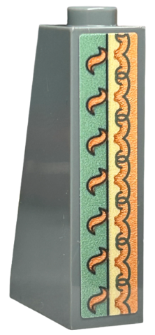 Lego Slope 75 2 x 1 x 3 - Hollow Stud with Wallpaper, Orange Swirls and Ornamental Geometric Border on Sand Green Background Pattern on End (Sticker) - Set 40579 / Dark Bluish Gray