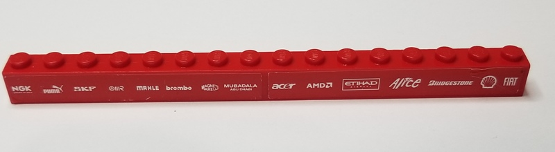 Lego Brick 1 x 16 with 'NGK SPARK PLUGS', 'PUMA', 'SKF', 'IIR', 'MAHLE', 'BREMBO', 'MAGNETTI MARELLI', 'MUBADALA ABU DHABI' and 'ACER' Pattern (Stickers) - Set 8185 / Red