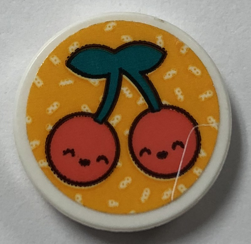 Lego Tile, Round 2 x 2 with Bottom Stud Holder with Coral Cherries with Faces on Bright Light Orange Background Pattern (Sticker) - Set 41926 / White