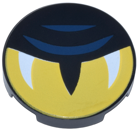 Lego Tile, Round 2 x 2 with Bottom Stud Holder with Yellow Eye Half Closed, Slit Pupil, White Glints, and Dark Blue Eyelid Lines Pattern / Black