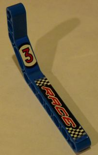 Lego Technic, Liftarm, Modified Bent Thick 1 x 11.5 Double with Number 3 and 'RACE' Pattern Model Left Side (Stickers) - Set 8238 / Blue
