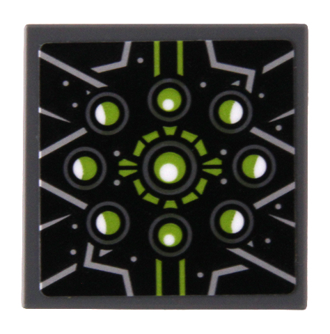 Lego Tile, Modified 2 x 2 Inverted with Lime and White Eyes, Silver Lines and Dots on Black Background Pattern (Sticker) - Set 80022