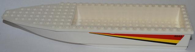 Lego Boat, Hull Unitary 28 x 8 with White Top with Red, Yellow and Black Stripes and '4643' Pattern on Both Sides (Stickers) - Set 4643