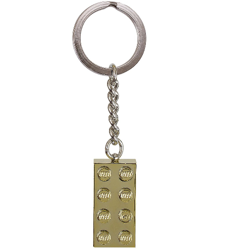 Lego Key Chain, Chrome Chain and Ring with 2 x 4 Brick / Chrome Gold