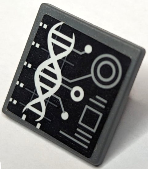 Lego Road Sign 2 x 2 Square with Open O Clip with White DNA Double Helix and Light Bluish Gray Circles, Square and Lines on Black Background Pattern (Sticker) - Set 75933