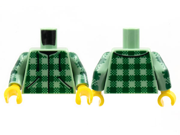 Lego Torso Baja Shirt, Dark Green Plaid, Black Drawstrings Pattern / Sand Green Arms with Dark Green Plaid Pattern / Yellow Hands