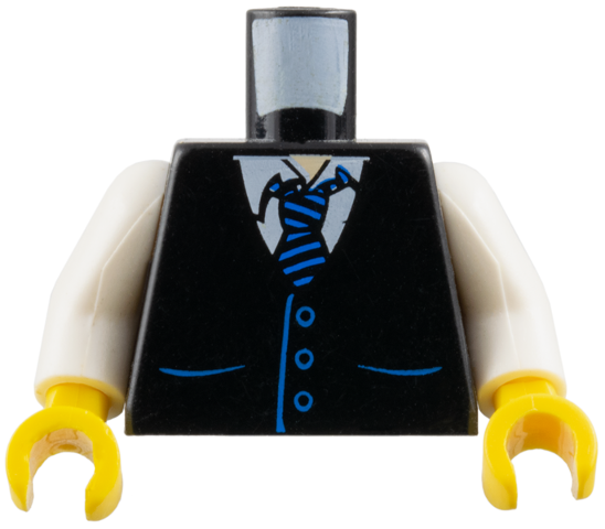 Lego Torso Vest with Pockets and Buttons over White Shirt, Tie with Blue Stripes, Light Nougat Neck Pattern / White Arms / Yellow Hands