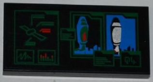 Lego Tile 2 x 4 with Satellite and Space Rocket on Screens Pattern (Sticker) - Set 3368 / Black