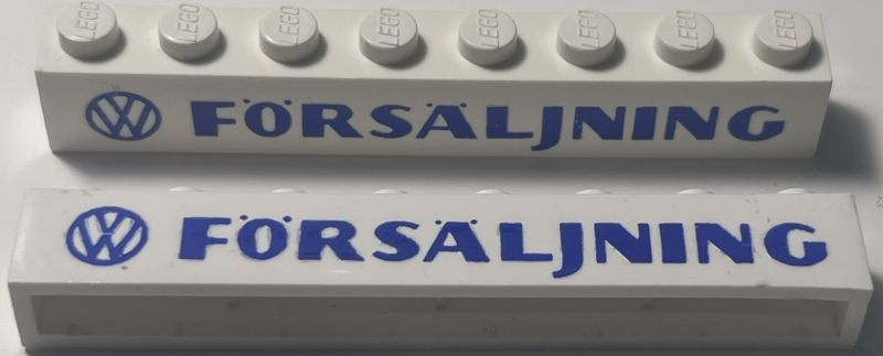 Lego Brick 1 x 8 without Bottom Tubes with Cross Side Supports with Blue Volkswagen Logo 'VW FÖRSÄLJNING' Sans-Serif Bold Pattern {FORSALJNING} / White