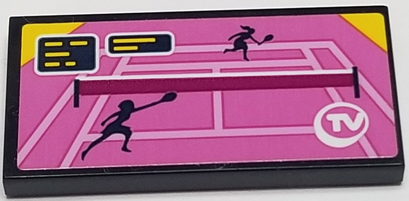 Lego Tile 2 x 4 with Two Players on Pink Tennis Court and 'TV' Pattern (Sticker) - Set 41314 / Black
