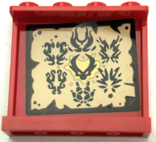 Lego Panel 1 x 4 x 3 with Side Supports - Hollow Studs with Black Source Dragon Logos and Head with Horns on Tan Parchment Background Pattern (Sticker) - Set 71795 / Red