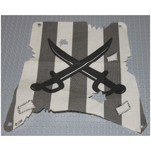 Lego Sail, Tattered with Hole, Damage Cutouts and Dark Gray Stripes, Crossed Cutlasses Print