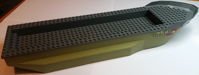 Lego Boat, Hull Unitary 51 x 12 x 6 with Side Bulges with Dark Bluish Gray Top with Fish Skeleton Pattern on Both Sides (Stickers) - Set 70006