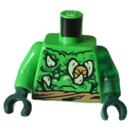 Lego Torso, Odd Arms, Tan Fangs/Claws, Dark Green Shapes, Dark Tan Sash print, Left Trans-Green Arm, Right Bright Green Arm, Dark Green Hands / Bright Green