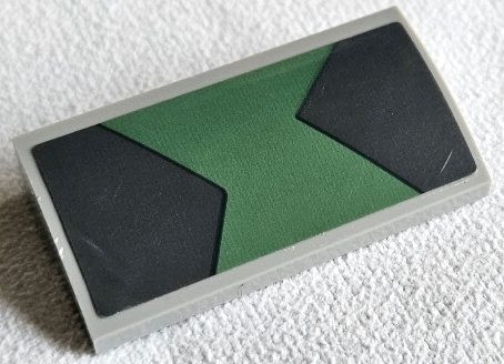 Lego Slope, Curved 2 x 4 x 2/3 with Bottom Tubes with Dark Bluish Gray and Sand Green Camouflage Panels Pattern Model Right Side (Sticker) - Set 77012 / Light Bluish Gray