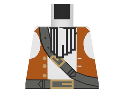 Lego Torso Pirate Brown Vest Open with Gold Buttons over Shirt with Neck Ruffle, Dark Gray Belts with Buckles Pattern / White