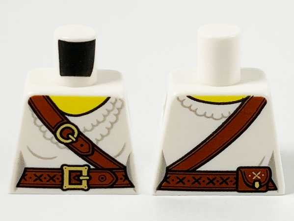 Lego Torso Female Pirate Ruffled Shirt, Reddish Brown Belts with Gold Buckles, Pouch, Yellow Neck Pattern / White