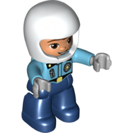 Lego Duplo Figure with Helmet White, Dark Blue Legs, Police Shirt with Badge and Zipper, Nougat Face Print / Medium Azure