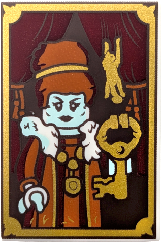 Lego Tile 2 x 3 with Mayor Manor Baroness Portrait with Gold Frame, Key and Cat Hanging in Curtain Pattern / White