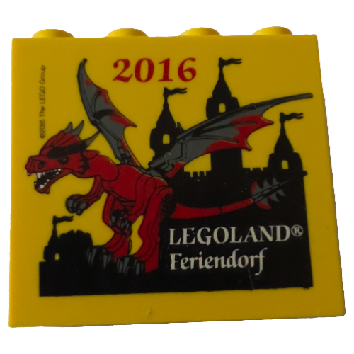 Lego Brick 2 x 4 x 3 with 'LEGOLAND Feriendorf 2016', Dragon Print / Yellow