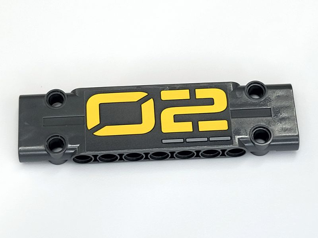 Lego Technic, Panel Plate 3 x 11 x 1 with Yellow '02' and 3 Gray Dashes Pattern Right (Sticker) - Set 42081 / Dark Bluish Gray