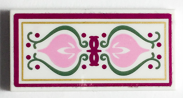 Lego Tile 2 x 4 with Bright Pink Crest and Sand Green Scrollwork Pattern (Sticker) - Set 41068 / White