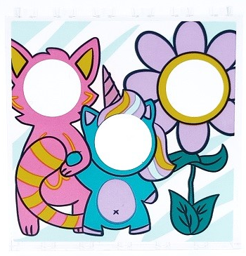 Lego Panel 1 x 6 x 5 with Photo Stand In Board with Dark Pink Cat, Medium Azure Unicorn and Lavender Flower with Face Holes Pattern (Sticker) - Set 41450 / Trans-Clear