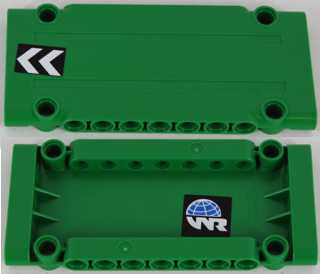 Lego Technic, Panel Plate 5 x 11 x 1 with Black and White Chevrons on Outside and Globe and White 'WR' World Racers Logo on Inside Right Pattern (Stickers) - Set 8864 / Green