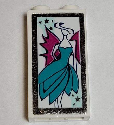 Lego Brick 1 x 2 x 3 with Woman Wearing Dark Turquoise Dress and Magenta Wings, Mirrored Border Pattern (Sticker) - Set 41344 / White