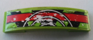 Lego Slope, Curved 4 x 1 x 2/3 Double with Red Stripe, Black Danger Stripes and 3 White Half Circles Pattern (Sticker) - Set 9095 / Lime