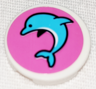 Lego Tile, Round 2 x 2 with Bottom Stud Holder with Medium Azure Jumping Dolphin on Dark Pink Background Pattern Model Left Side (Sticker) - Set 41347 / White