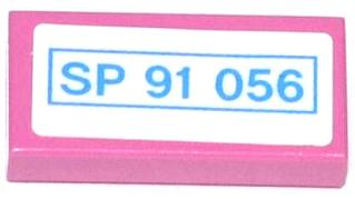 Lego Tile 1 x 2 with 'SP 91 056' Pattern (Sticker) - Set 70804 / Dark Pink
