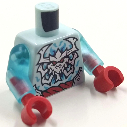 Lego Torso, Red Belt, Silver Dragon Skull, Horns print, Trans-Light Blue Arms, Red Hands / Light Aqua