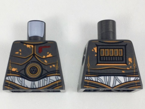 Lego Torso SW Armor Metal Plates with Orange Rust Stains and White Wires on Silver Abdomen Pattern / Pearl Dark Gray