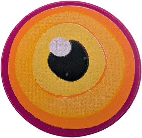 Lego Tile, Round 3 x 3 with Orange, Bright Light Orange and Yellow Eye, White Glint and Black Pupil Pattern