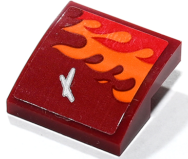 Lego Slope, Curved 2 x 2 x 2/3 with Orange and Red Flames and Scratch Mark Pattern Model Left Side (Sticker) - Set 80019 / Dark Red