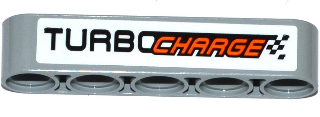 Lego Technic, Liftarm Thick 1 x 5 with 'TURBO CHARGE' and Black Checkered Pattern (Sticker) - Set 42050 / Light Bluish Gray
