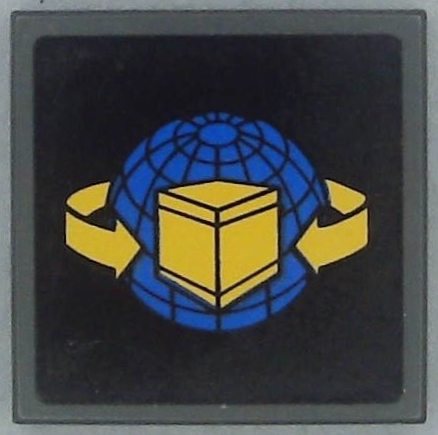 Lego Tile 2 x 2 with Box and Arrows and Globe on Black Background Pattern (Sticker) - Set 7992 / Dark Bluish Gray