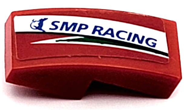 Lego Slope, Curved 2 x 1 x 2/3 with Blue 'SMP RACING' on White Stripe Pattern Model Right Side (Sticker) - Set 75889 / Red
